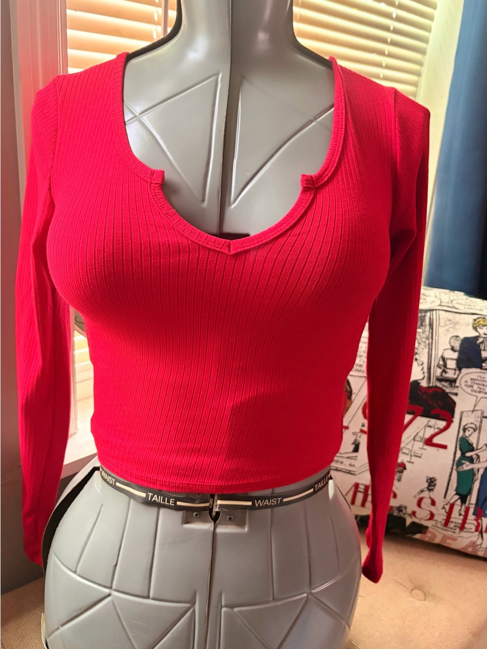 Bozzolo Red Ribbed V-Neck Long Sleeve Crop Top